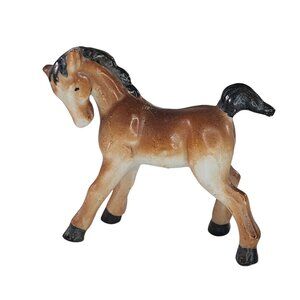 Vintage Ceramic Foal Baby Horse Miniature Figurine Japan Bay Brown Black